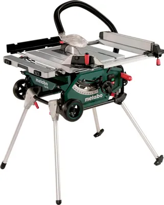 A Metabo table saw with its stand is shown against a white background.