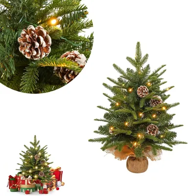 Zdjęcie produktu dla LARS360 Mini choinka świąteczna, 60 cm, z 30 ciepłobiałymi diodami LED, sztuczna choinka stołowa wykonana z PE i PVC, z drewnianą podstawą i obiciem z juty, dekoracja świąteczna do stołu, parapetu i biura