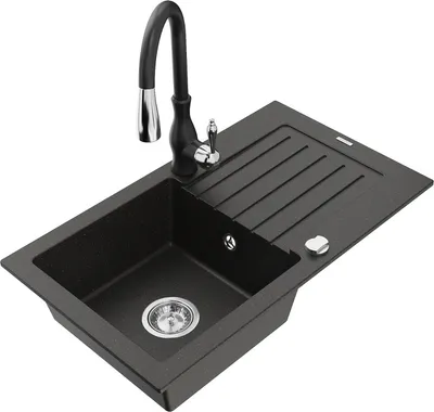 Produktbild von Mexen Pablo 1 Becken-Granitspüle mit Abtropffläche und Mischbatterie Savita, Schwarz/Gold metallisch - 6510-75-672601-70