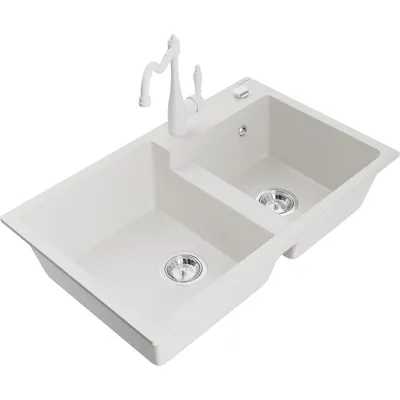 Obrázok produktu pre Mexen Tomas granitový dvojkomorový drez s kuchynskou batériou Carla, Biela - 6516-20-670700-20