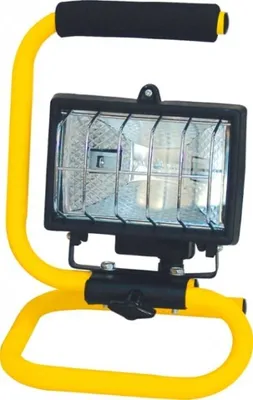 A portable halogen work light with a yellow metal stand and handle.