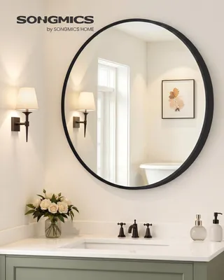 Obrázek produktu pro SONGMICS, nástěnný zrcadlo, kulatý, kovový rám, průměr 105 cm, vhodné do koupelny, obývacího pokoje, ložnice, chodby, barva: černá