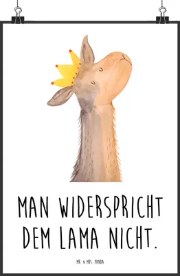 Produktbild von Mr. & Mrs. Panda Bild Lamakopf König DIN A2 - Weiß - Geschenk, Papa, Lama, wanddeko, Deko, wanddruck, Chef, Plakat, Wandbild, Mama, Lamas, Abitur