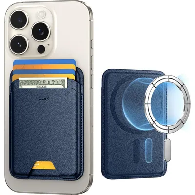 Image de Portefeuille MagSafe pour 5 cartes, avec protection RFID, en cuir végétal, de couleur bleue, compatible avec iPhone/Google Pixel