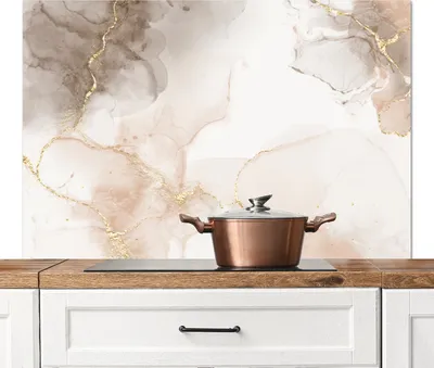 Produktbild von KitchenYeah®  Spritzschutz Küche - Küchenrückwand - Wandschutz für Herd und Spüle - Marmor - Braun - Golden 120x80 - Alu-Dibond (Alternative zum Spritzschutz aus Glas) - Hitzebeständig - Herdspritzsch