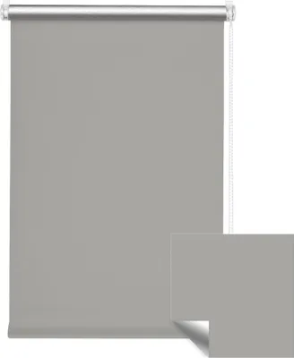 A grey roller blind is shown against a white background. A small inset image in the bottom right corner shows a close-up of the same grey material.