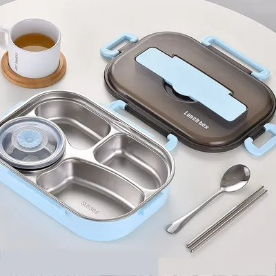 Produktbild von Lunchbox aus 304 Edelstahl,Lunchbox mit 4 Fächern,mit Gabel und Löffel,mit Dessertbecher,1500-ml-Bento-Lunchbox,Brotdose,Warmhaltebox für Essen,Frühstücksbox,zum Wandern/Reisen/Schule/Büro (Blue)
