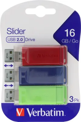Produktbild von Verbatim USB Flash Drive 16GB 3 Stück Slider USB 2.0 Blau Rot Grün