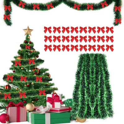 Productafbeelding van Dennengirlande, 10 meter lang, groen, met 24 rode kerstlintjes