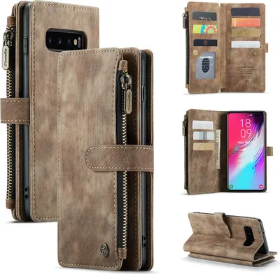 Produktbild von Galaxy S10 Handyhülle, Reißverschluss Hülle Kunstleder Klapphülle Magnetverschluss Kartenfach Standfunktion Geldbörse Schutzhülle für Samsung Galaxy S10 Braun