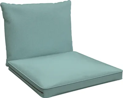 A set of two cushions for outdoor furniture, one for the seat and one for the back.