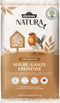 Produktbild von Dehner Natura Premium Wildvogelfutter, halbe / ganze Erdnüsse schalenfrei, Ganzjahresfutter proteinreich / energiereich, hochwertiges Vogelfutter für Wildvögel, 5 kg