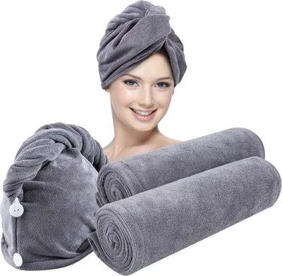 Productafbeelding van Unyqoos® Microvezel Haardeken, set van 2, sneldrogend en absorberend, grijs, one size (25x65 cm), 100% microvezel (polyester), verzorgend voor het haar
