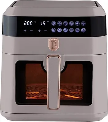 A close-up front view of a gray and rose gold air fryer with its display showing '200' degrees and '15' minutes.