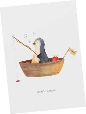 Produktbild von Mr. & Mrs. Panda Postkarte Pinguin Angelboot - Weiß - Geschenk, Ansichtskarte, Angeln, Grußkarte, Optimistisch, Motivation, einzelkarte, Fotokarte, Boot, Postkarten