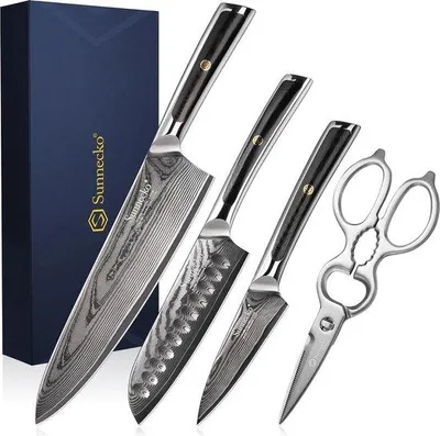 Produktbild von Famanu Küchenmesserset 4-teilig - Damaststahl, inklusive Küchenschere
