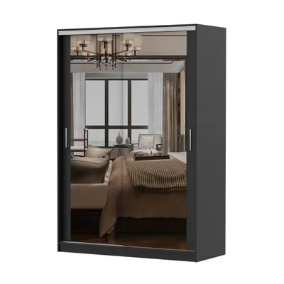 Produktbild von Schwebetürenschrank TOKYO M, Schlafzimmer Kleiderschrank Schrank 150 cm Schwarz/Schwarz mit Spiegel, alufarbene PVC-Griffe