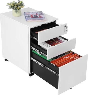 Productafbeelding van Famanu ladeblok met wielen - Met slot - Mobiele archiefkast - 3 laden - Wit