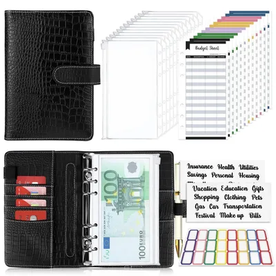 Produktbild von Budget Binder A6 Krokodilmuster Schwarz mit Geldumschlägen und Zubehör