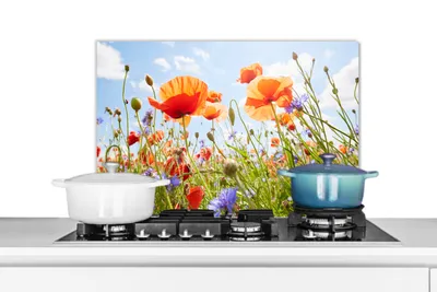 Obrázek produktu pro KitchenYeah® Splashback kitchen - Kuchyňský splashback - Ochrana stěny sporáku a dřezu - Květiny - Mák - Jaro - Příroda - Červená - Modrá 60x40 - Alu-Dibond (alternativa ke skleněnému splashbacku) - Tepelně odolný
