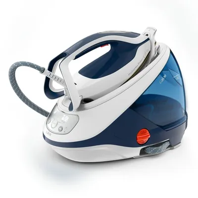 A steam generator iron and its base are shown against a white background.