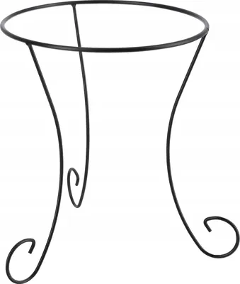 A black metal plant stand with a circular top and three curved legs.