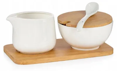 Produktbild von Porzellan Zucker- und Milchkännchen Set mit Löffel Bambus