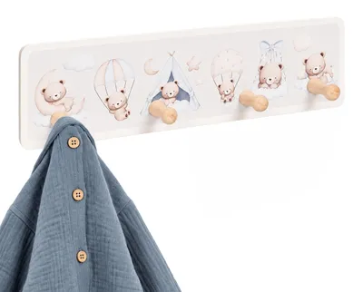 Productafbeelding van Relaxdays kinderkledingrek, 4 haken, design C, voor wandmontage, MDF, hout, geschikt voor kinderkamer of hal, garderobestang, naturel/wit