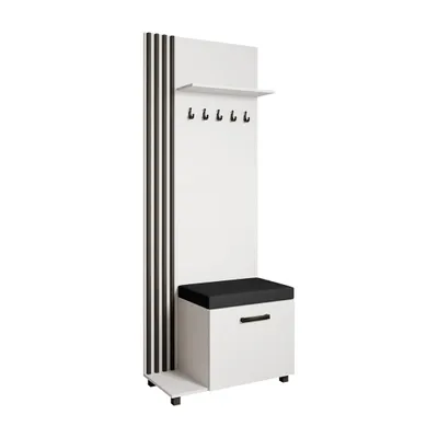 Produktbild von Garderobenschrank LIVIA Links Weiß – Garderobe mit Kleiderhaken, Schuhschrank, schwarze Lamellen, schwarzem Sitzkissen, Hochschrank, Flurmöbel