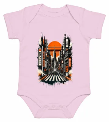 Productafbeelding van Cyberpunk Tokyo, Japan. Stadsbeeld, toekomst, neon, retro, Y2K. Babybody, roze, maat 3/6