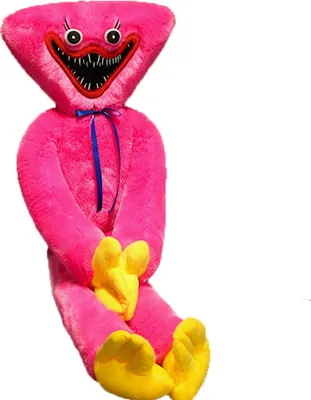 A pink plush toy with yellow hands and feet, sitting against a white background.