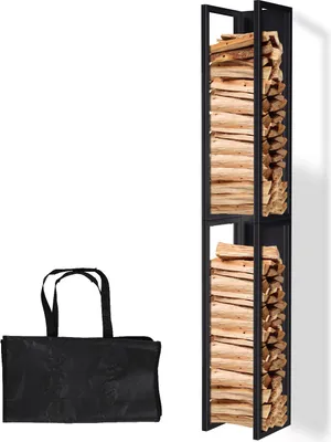 Immagine prodotto di Bettizia porta legna da interno in metallo nero con piastra a muro Appendibile con tasca porta legna 160 x 25 x 25 cm