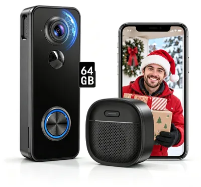 Produktbild von 1080P Video Tš¹rklingel mit Kamera kabellos 2,4GHz WLAN 180¡ã Weitwinkel Nachtversion IP65 wasserdicht mit 64GB