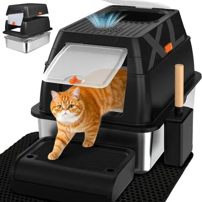Immagine prodotto di Lettiera per gatti in acciaio inossidabile XL con coperchio, 2 uscite, paletta, tappetino e gradino, dimensioni 60x40x39,5 cm, colore nero