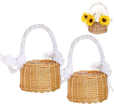 Image de Ensemble de 2 paniers à fleurs - Paniers en rotin tressé pour mariage et décoration