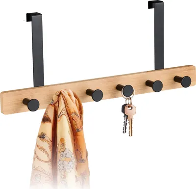 Produktbild von Relaxdays Türgarderobe, 6 Haken, Hakenleiste zum Einhängen, für 2 cm Tür, Bambus & Metall, Kleiderhaken, natur/schwarz