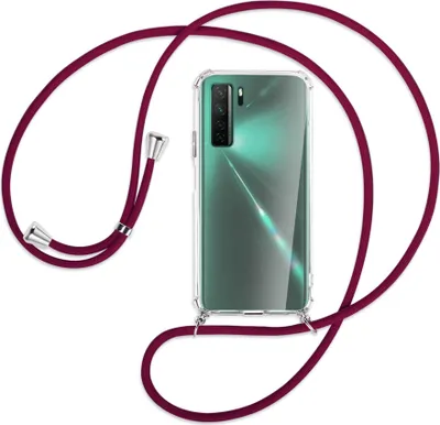 Produktbild von Handykette Backcover-Schutzhülle mit Band (Metall silberfarben) für Huawei P40 lite 5G - dunkelrot