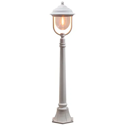 A white lamppost with a clear glass enclosure for the bulb, set against a white background.