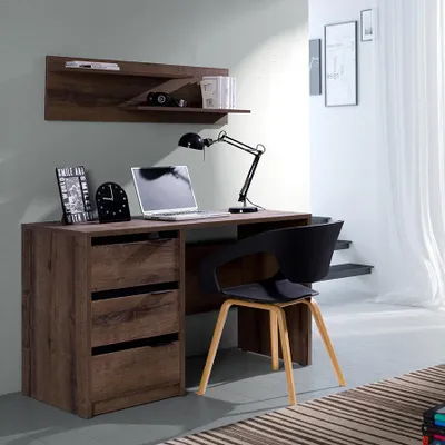 Produktbild von Beautysofa Schreibtisch Devon 120 cm – Computertisch mit 3 Schubladen und Stauraum, moderner Bürotisch, Eiche Monastery Schwarz Hochglanz, mit Griffe