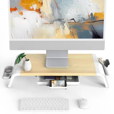 Zdjęcie produktu dla Podstawa pod monitor z szufladą i uchwytem na telefon, kolor: orzech, wymiary: 52 x 23,5 x 8,9 cm