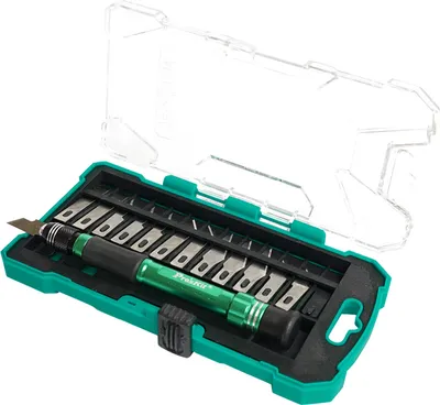 Produktbild von Skalpellmesser-Set für Modellbau, 110mm Halter, 13 auswechselbare SK-5 Kohlenstoffstahl-Klingen, rutschsicherer Griff