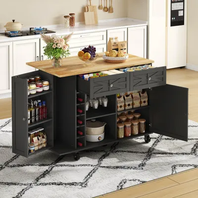 Productafbeelding van Keukeneiland 120x45(70)x89, met opklapbaar werkblad, 5 wielen, plank in de deur, wijnrek, glazenhouder, zwart.