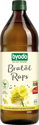 A bottle of cooking oil with a label showing rapeseed flowers.