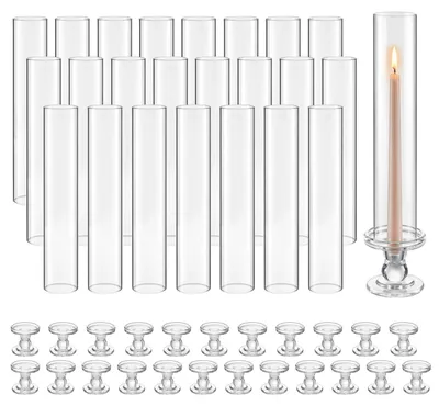 Image de Lot de 24 cylindres en verre VEVOR pour bougies, photophores « Hurricane » 60 x 390 mm, verres à bougie en verre borosilicaté, photophores sans fond avec socle, cache-bougies pour mariages et Noël