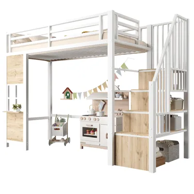 Produktbild von Hochbett mit Lattenrost, Stauraum, Rausfallschutz, Fenster und Stauraumtreppe, 90x200 cm, Kinderbett, Einzelbett, Metallbett