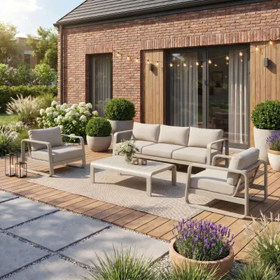 Produktbild von BEAUTYSOFA | SELENE Gartenmöbel Set Hellbeige 3+1+1 – Balkonmöbelset mit 3-Sitzer Sofa, 2 Sesseln & Couchtisch, Gartenlounge für 5 Personen