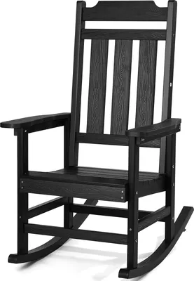 A black rocking chair is shown against a white background.