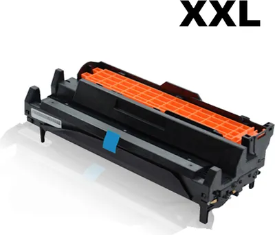 A black and orange printer toner cartridge is shown against a white background.