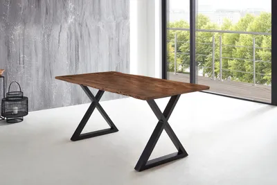 Produktbild von Esstisch Baumkante massiv Akazie nussbaum 200 x 100 X-Gestell schwarz LUBIN