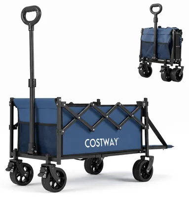 Produktbild von COSTWAY Bollerwagen 63L+29L faltbar, Handwagen bis 150kg, Strandwagen mit klappbarer Heckklappe, verstellbarem Griff & Rädern, Transportwagen Blau
